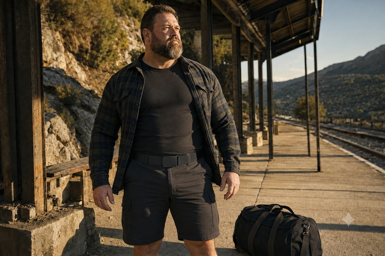 Strong, healthy big-size traveler wearing an AWMN canvas belt